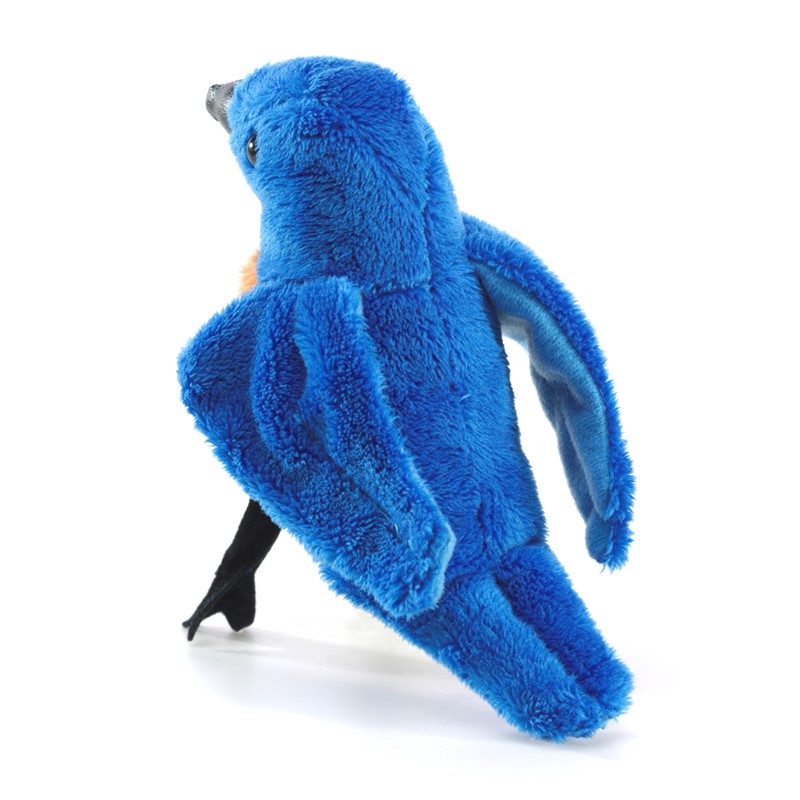 Folkmanis Fingerpuppe mini Hüttensänger-Vogel in leuchtendem Blau mit orangefarbener Brust, schwarzem Schnabel und Krallen, Seitenansicht