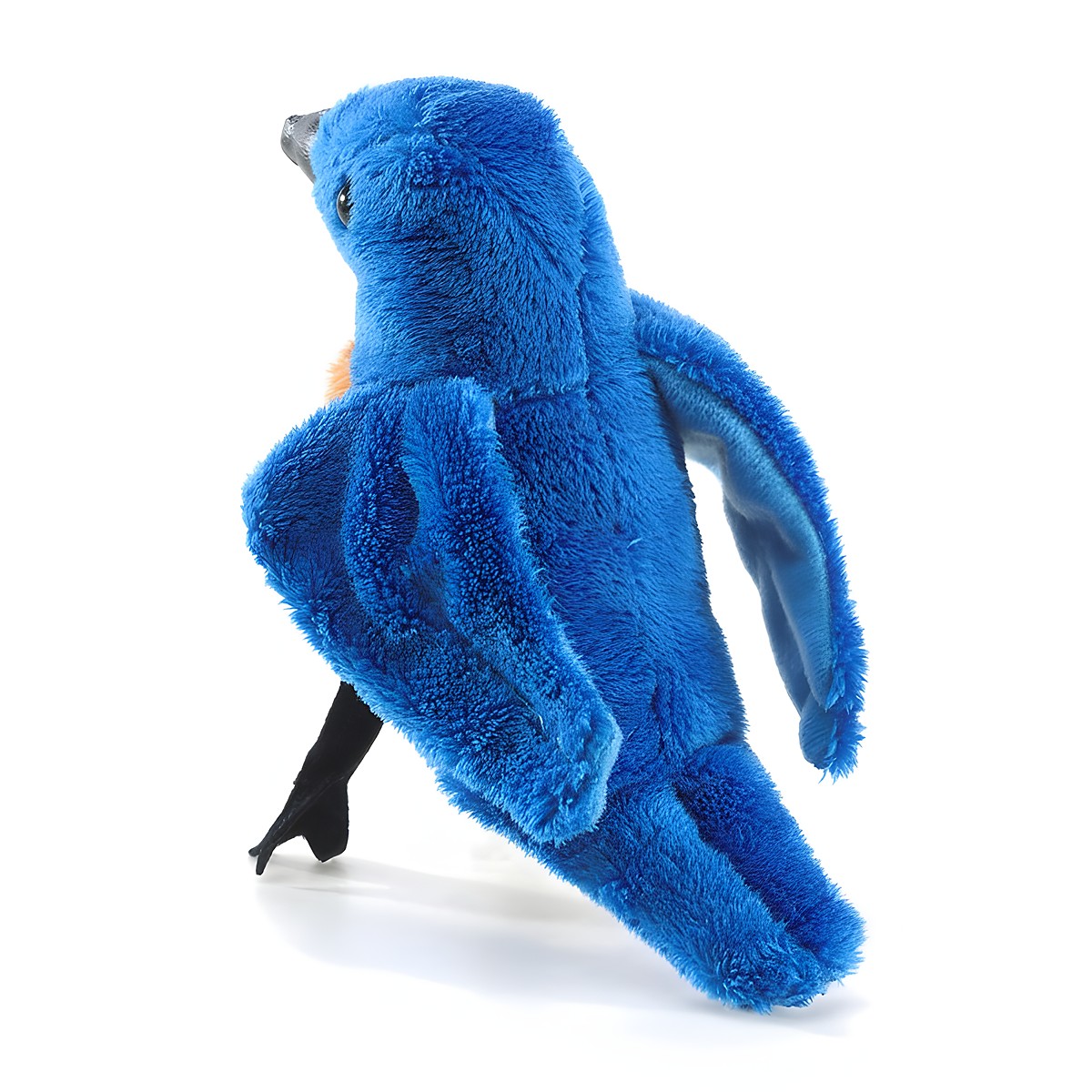 Folkmanis Fingerpuppe mini Hüttensänger-Vogel in leuchtendem Blau mit orangefarbener Brust, schwarzem Schnabel und Krallen, Seitenansicht