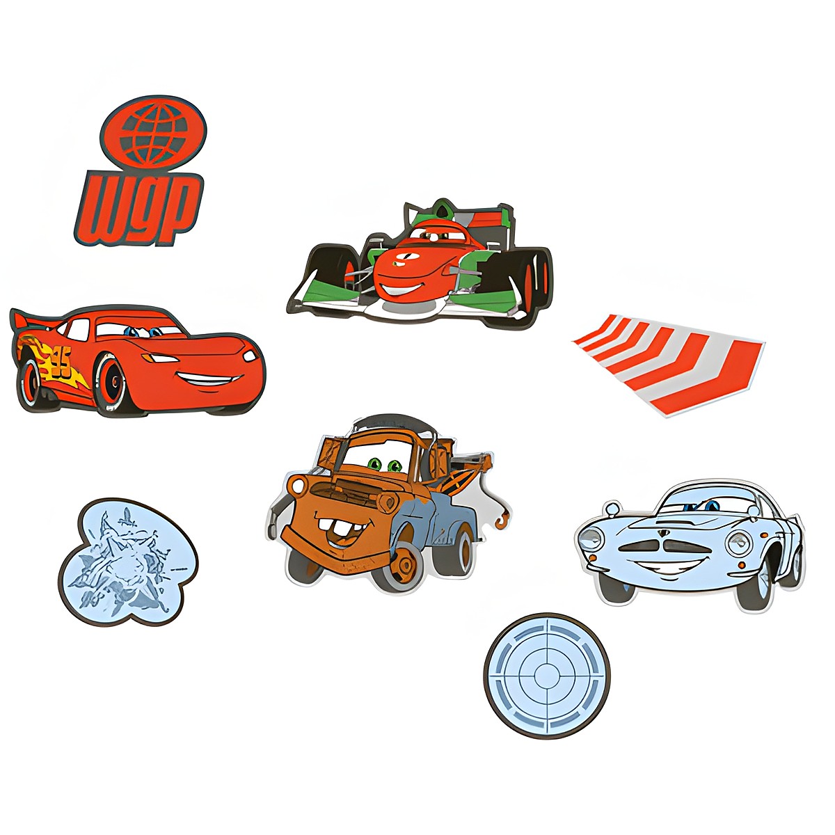 decofun mini wall decoration Pixar Cars 2, WGP logo, race car Francesco Bernoulli, Mater, agent Finn McMissile and a radar icon
