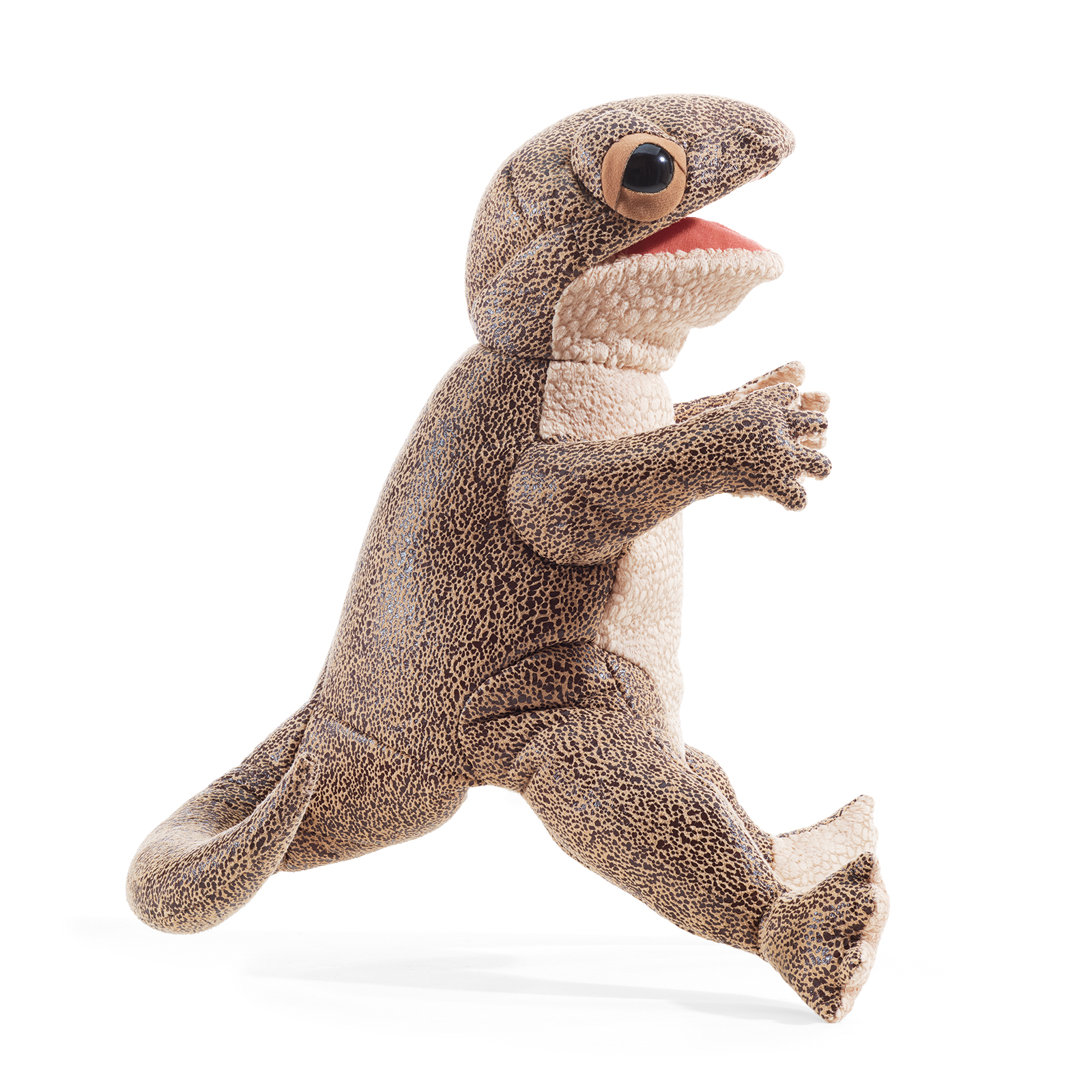 Folkmanis Handpuppe Eidechse mit geöffnetem Maul, braun-gesprenkeltem Fell und hellem Bauch in Seitenansicht