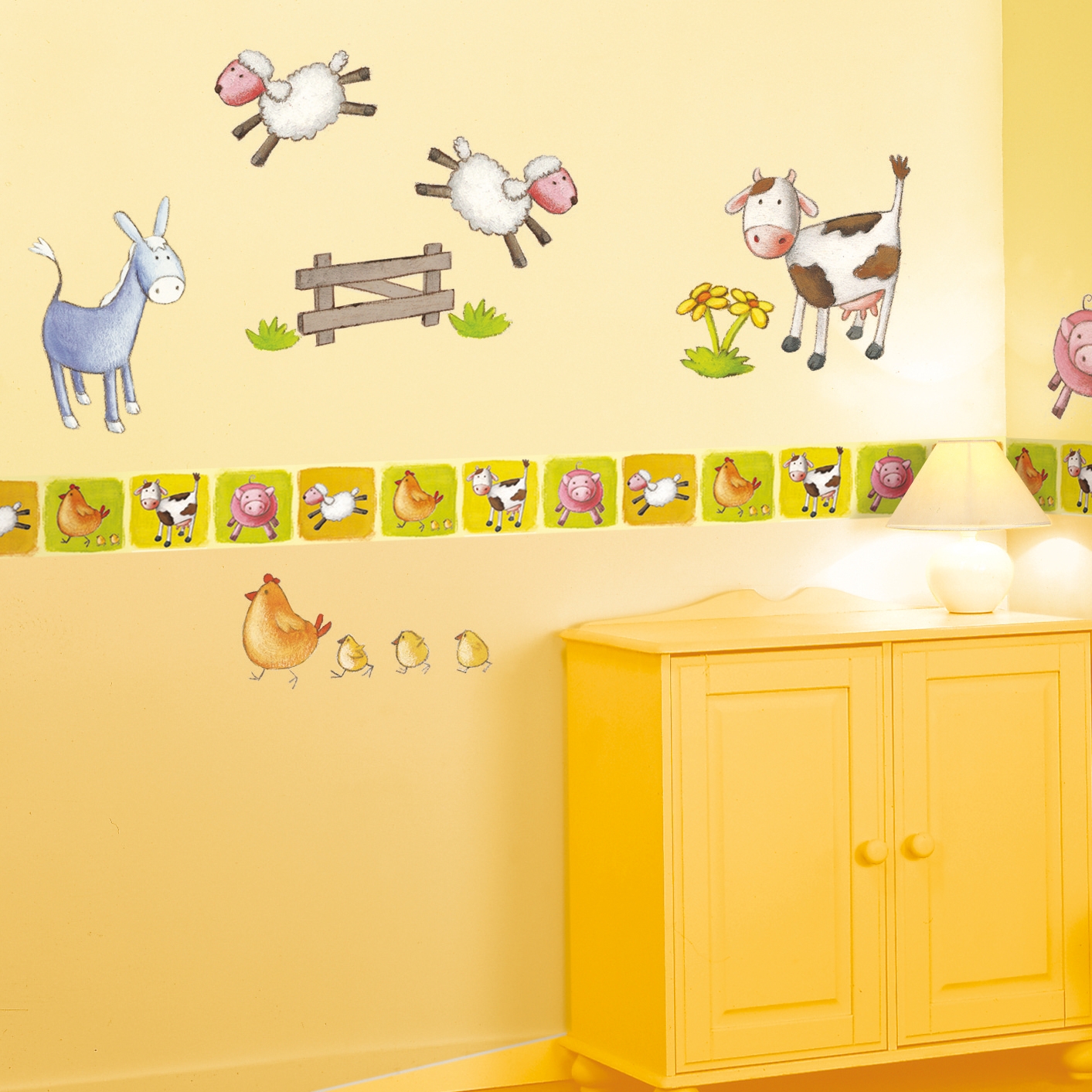 decofun border Animal Farm lifestyle photo, donkey, sheep and cow above the border on a yellow wall with a chest of drawers