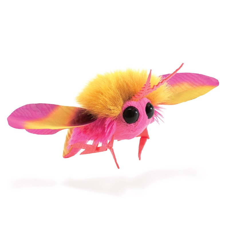 Folkmanis Fingerpuppe mini Rosa Ahornmotte in Pink und Gelb mit ausgebreiteten Flügeln und großen Glasaugen