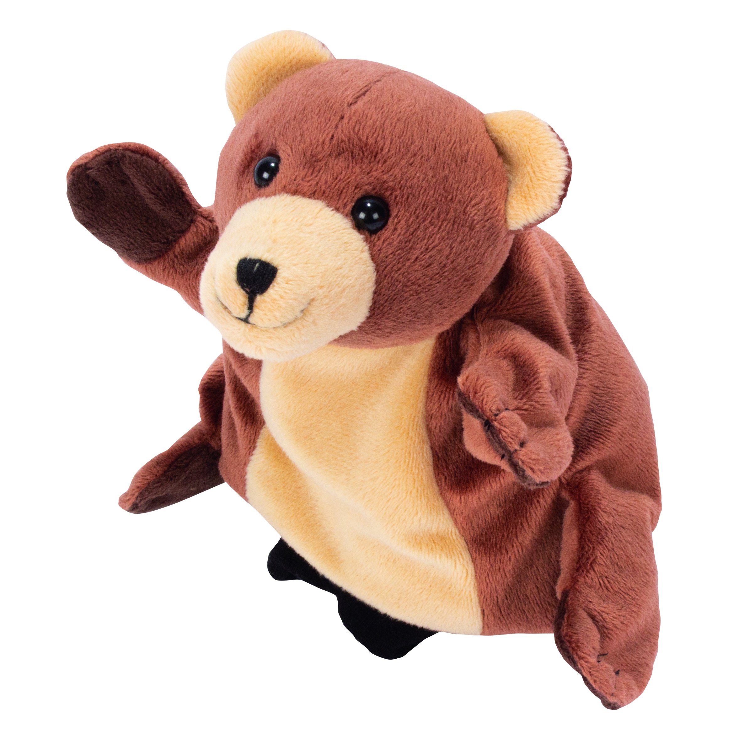 Beleduc Handpuppe Bär mit braunem Fell, hellem Bauch und winkender Pfote