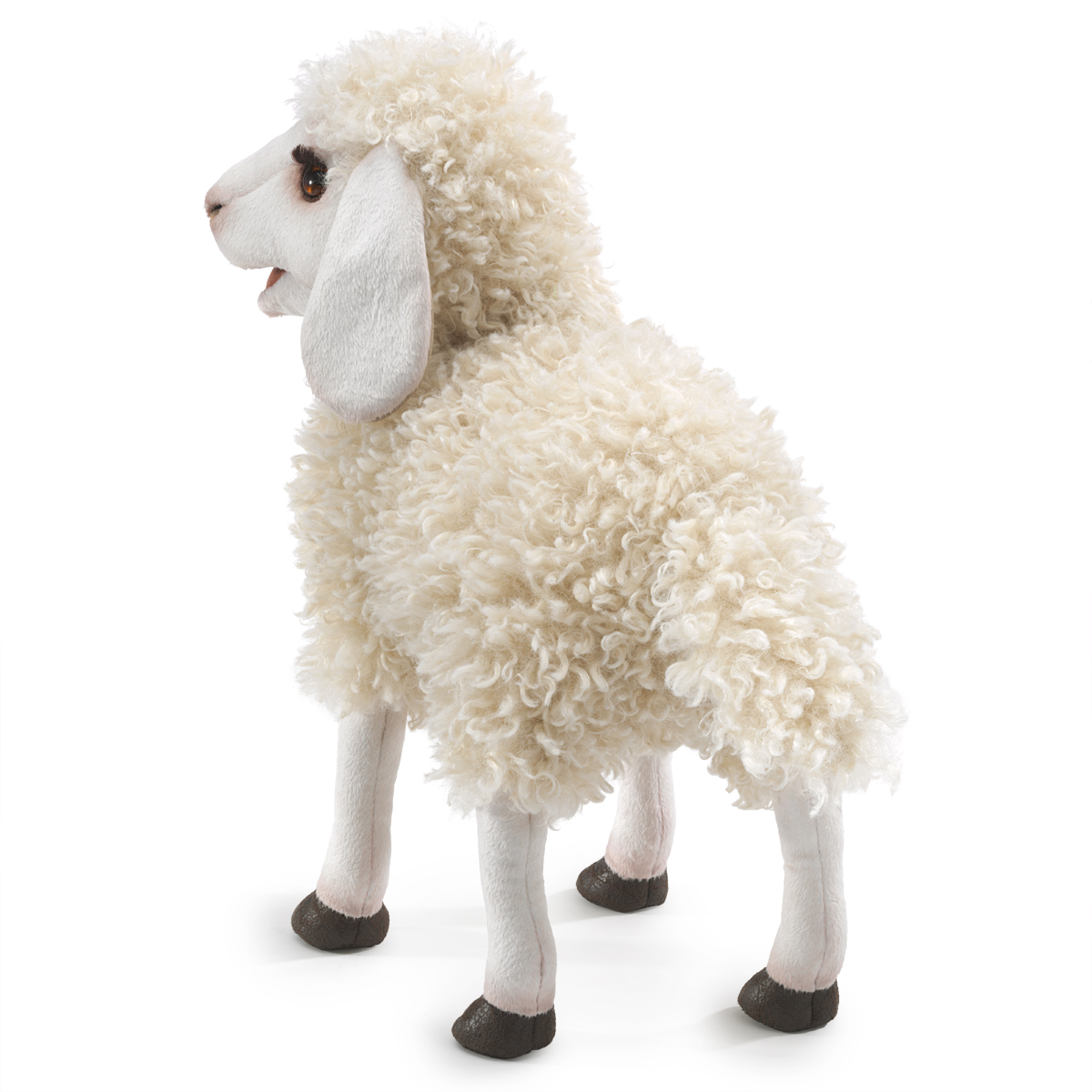 Folkmanis Handpuppe Wolliges Schaf mit lockigem cremefarbenem Fell, weißem Gesicht und dunklen Hufen, Seitenansicht