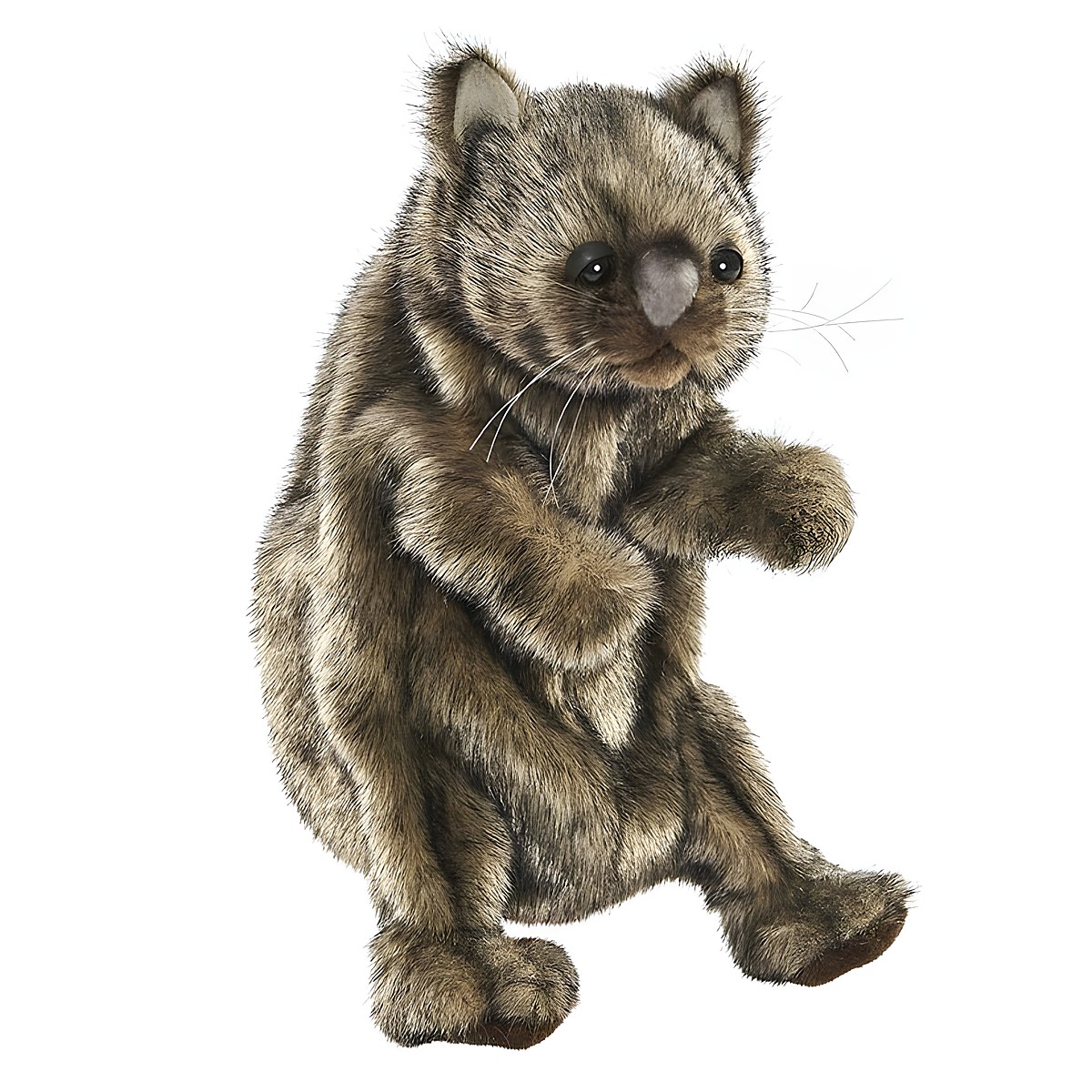 Wombat Handpuppe von Hansa Creation mit dichtem graubraunem Fell und dunkler Nase, sitzend