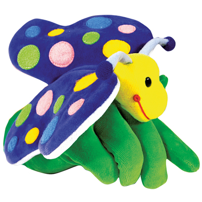 Beleduc hand puppet butterfly with blue polka-dot wings, a yellow head and a green body