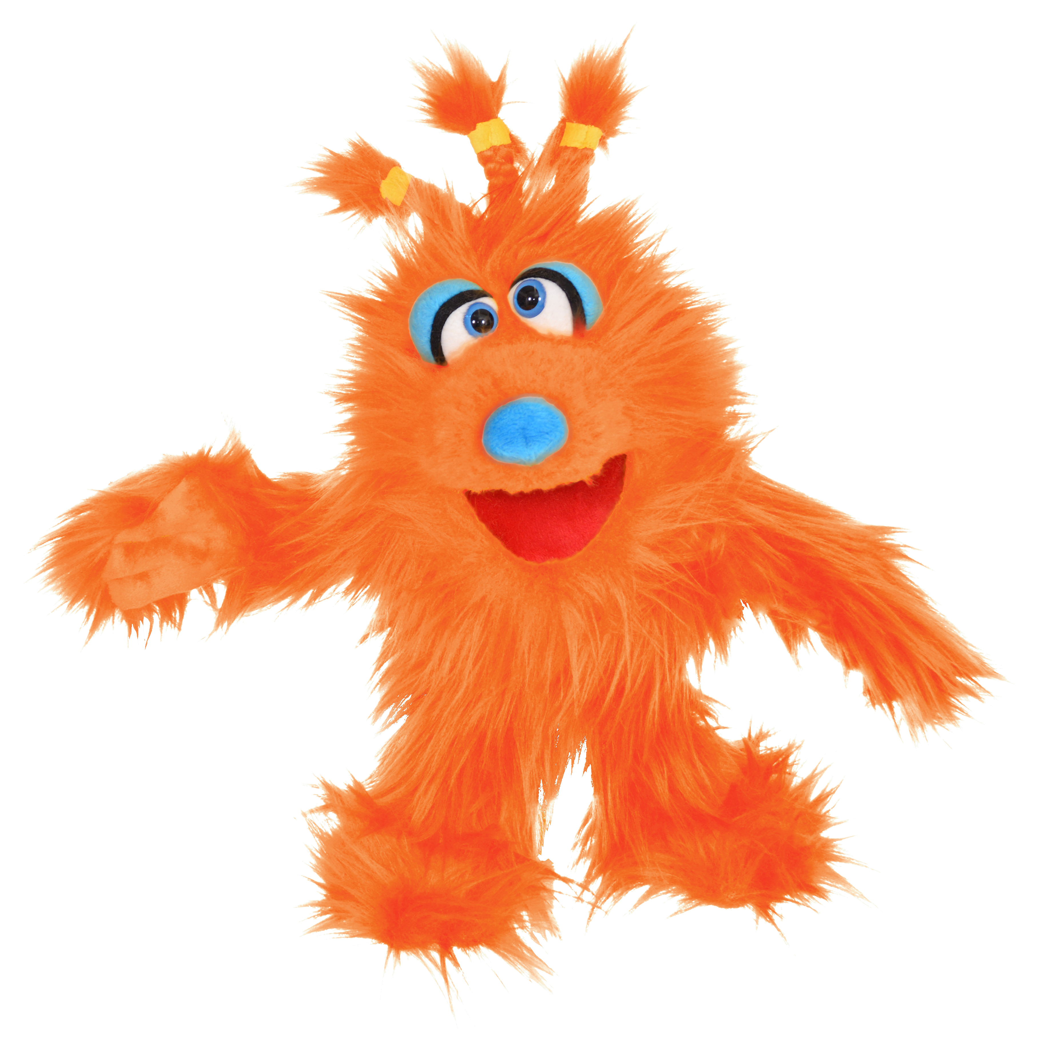 Living Puppets Handpuppe Wumms aus der Serie Monster to go, orangefarbenes Zottelmonster mit blauer Nase und gelben Haargummis im Schopf