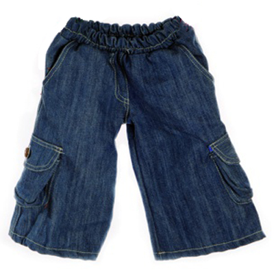 Living Puppets denim trousers for 45 cm hand puppets, blue cargo trousers with side pockets and an elastic waistband, product view