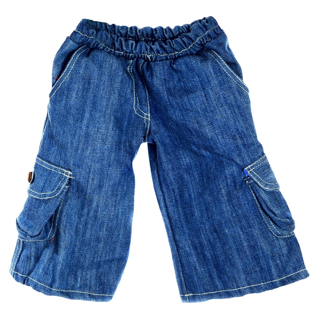 Living Puppets denim trousers for 45 cm hand puppets, blue cargo trousers with side pockets and an elastic waistband, product view