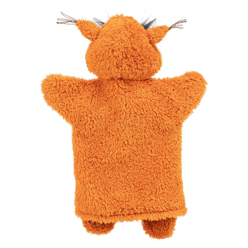 Kasperlepuppe Eichhörnchen Crazy von munabo in der Rückansicht mit flauschigem orangefarbenem Fell