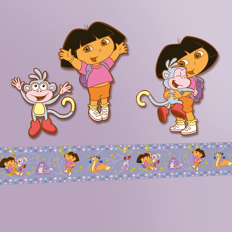 decofun Wanddekoration Dora the Explorer Lifestyle-Foto, winkende Dora, Boots und Dora mit Boots über der Bordüre an lila Wand