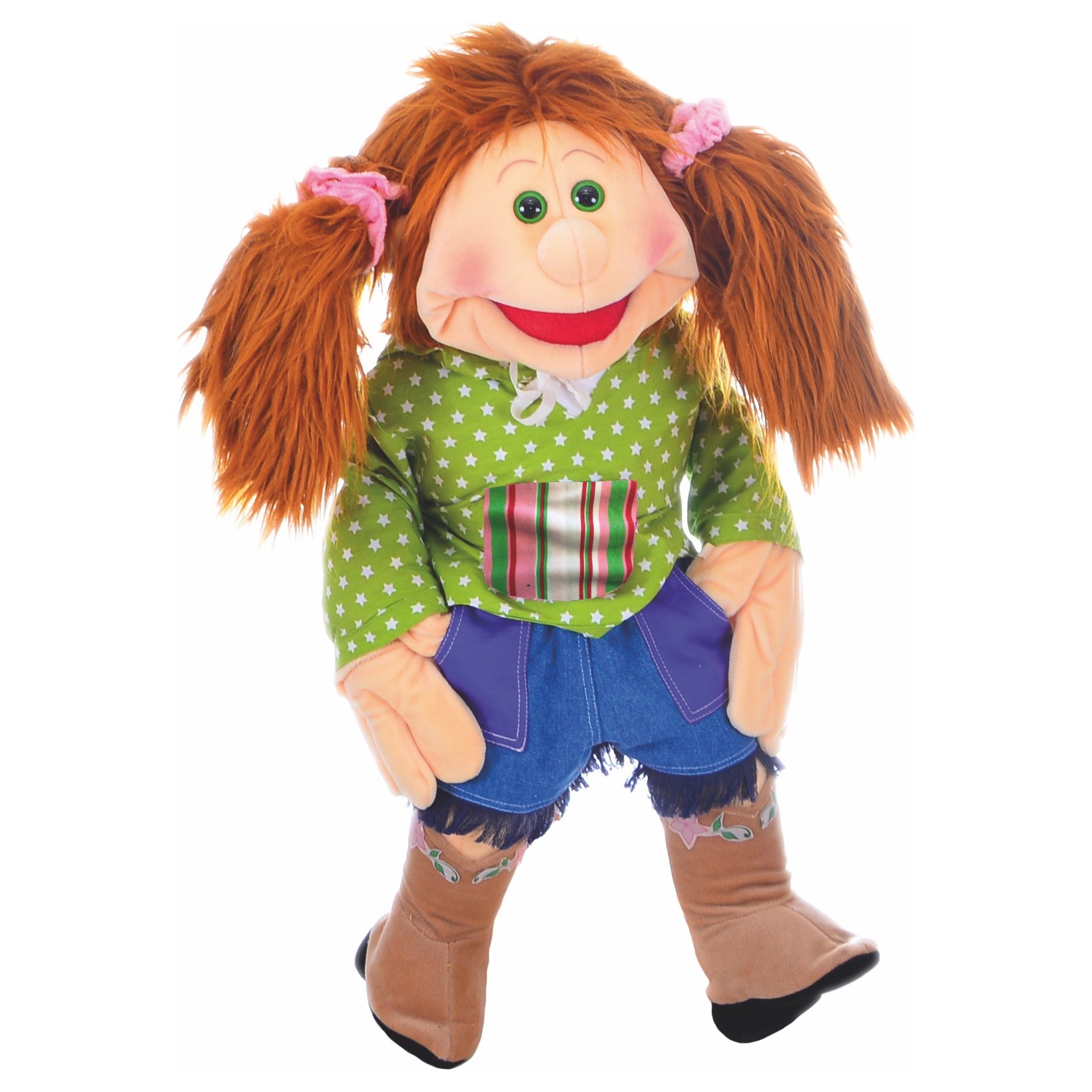 Living Puppets Handpuppe Konstantine Pustekuchen mit langen rotbraunen Haaren, grün gepunktetem Shirt, Jeansrock mit Fransen und braunen Stiefeln