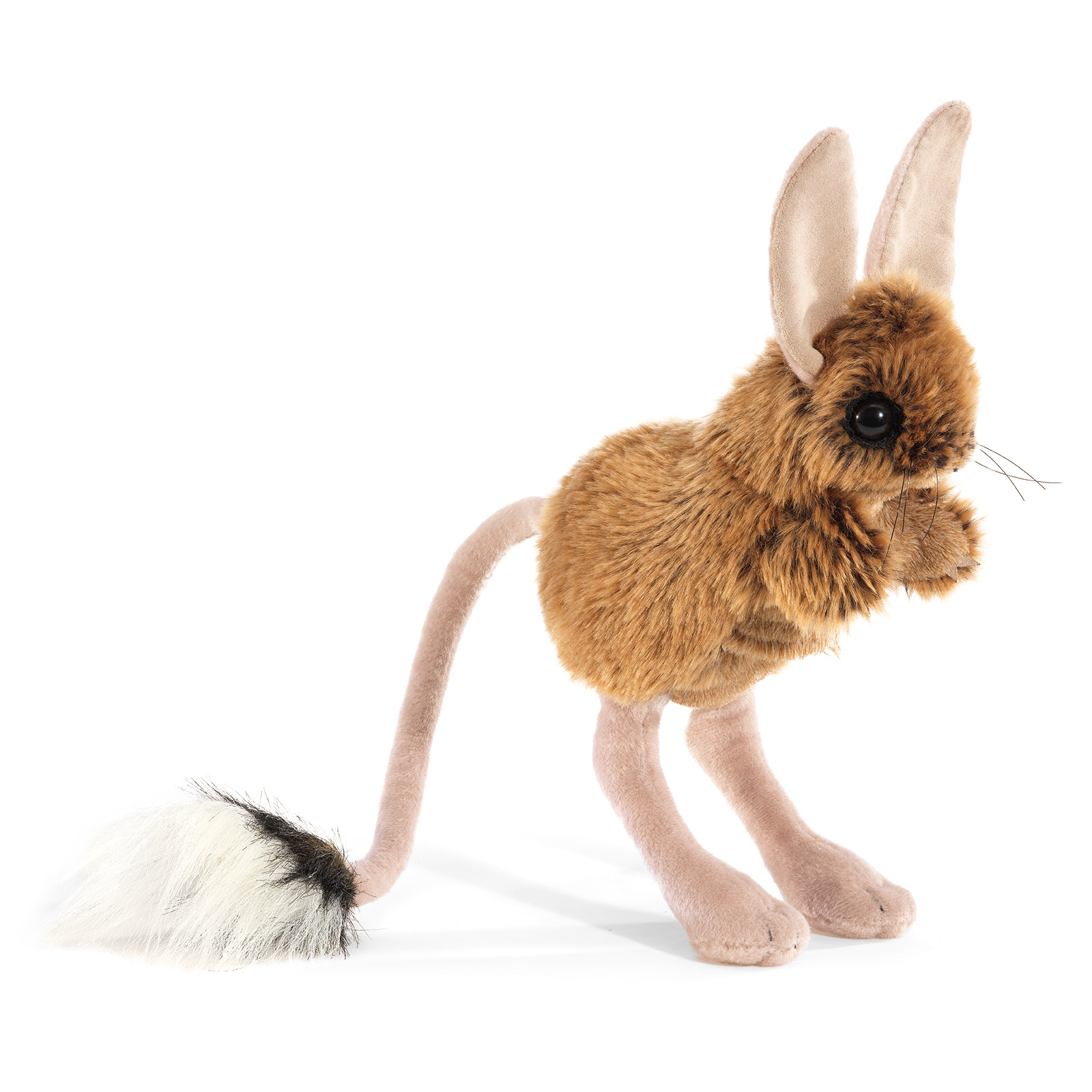 Folkmanis Handpuppe Springmaus mit braunem Fell, langen rosa Hinterbeinen und schwarz-weißem Schwanz, Seitenansicht