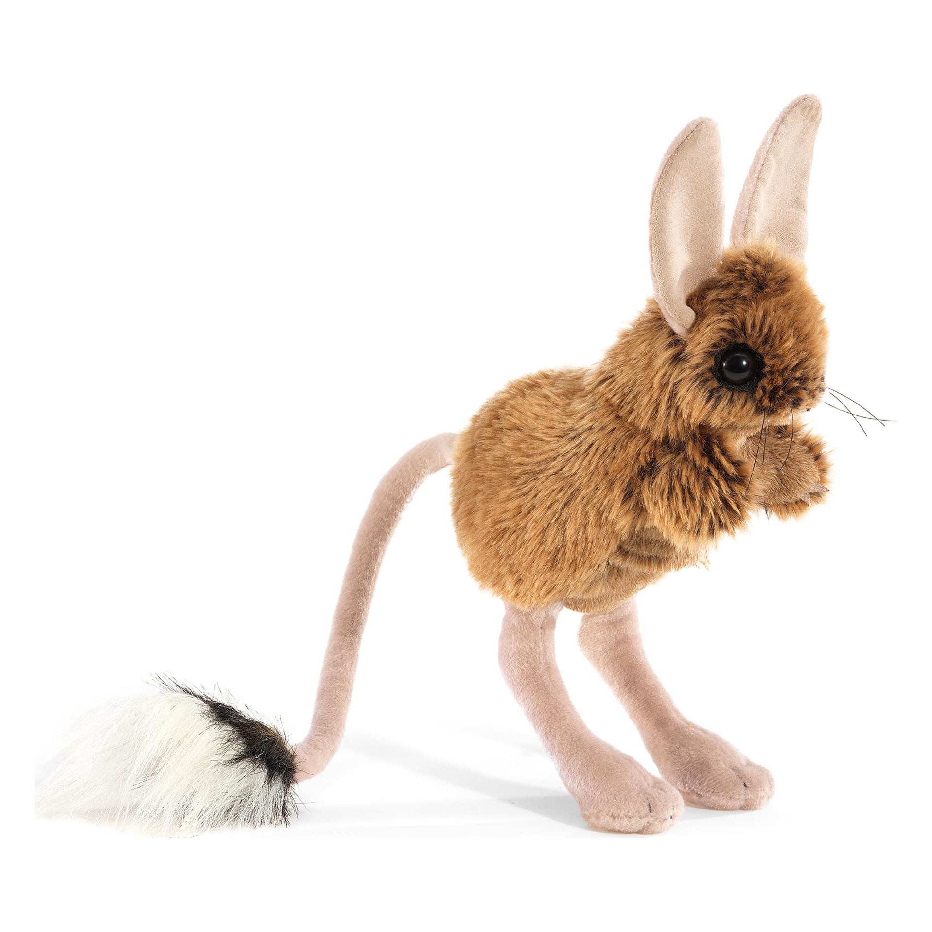 Folkmanis Handpuppe Springmaus mit braunem Fell, langen rosa Hinterbeinen und schwarz-weißem Schwanz, Seitenansicht