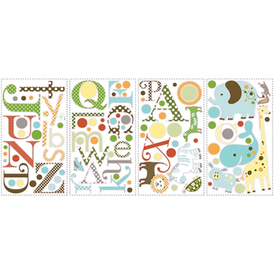 RoomMates Wandsticker Animal Alphabet, vier Klebebögen mit gemusterten Buchstaben und Tiermotiven auf weißem Untergrund
