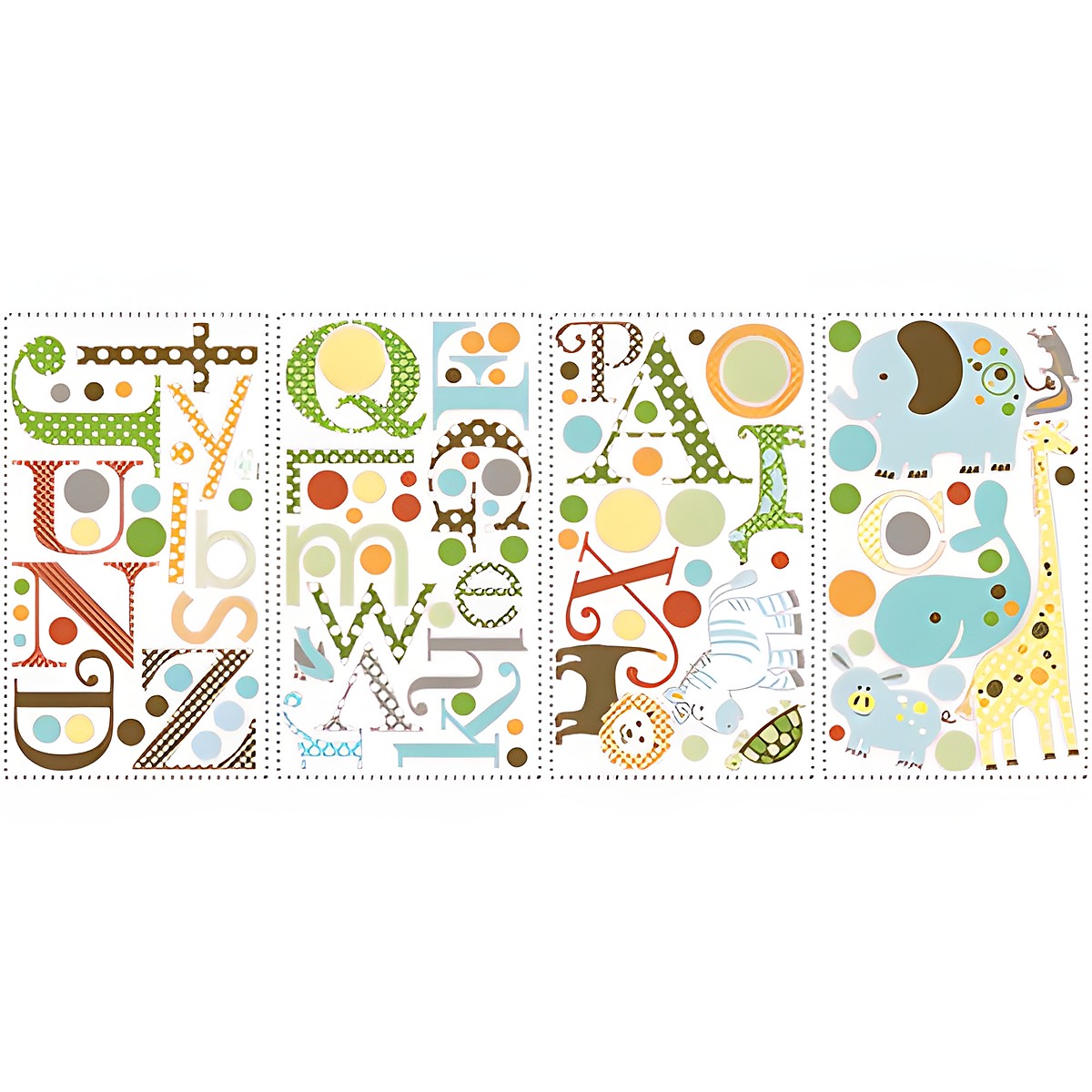 RoomMates wall decal Animal Alphabet, four decal sheets with patterned letters and animal motifs on a white background
