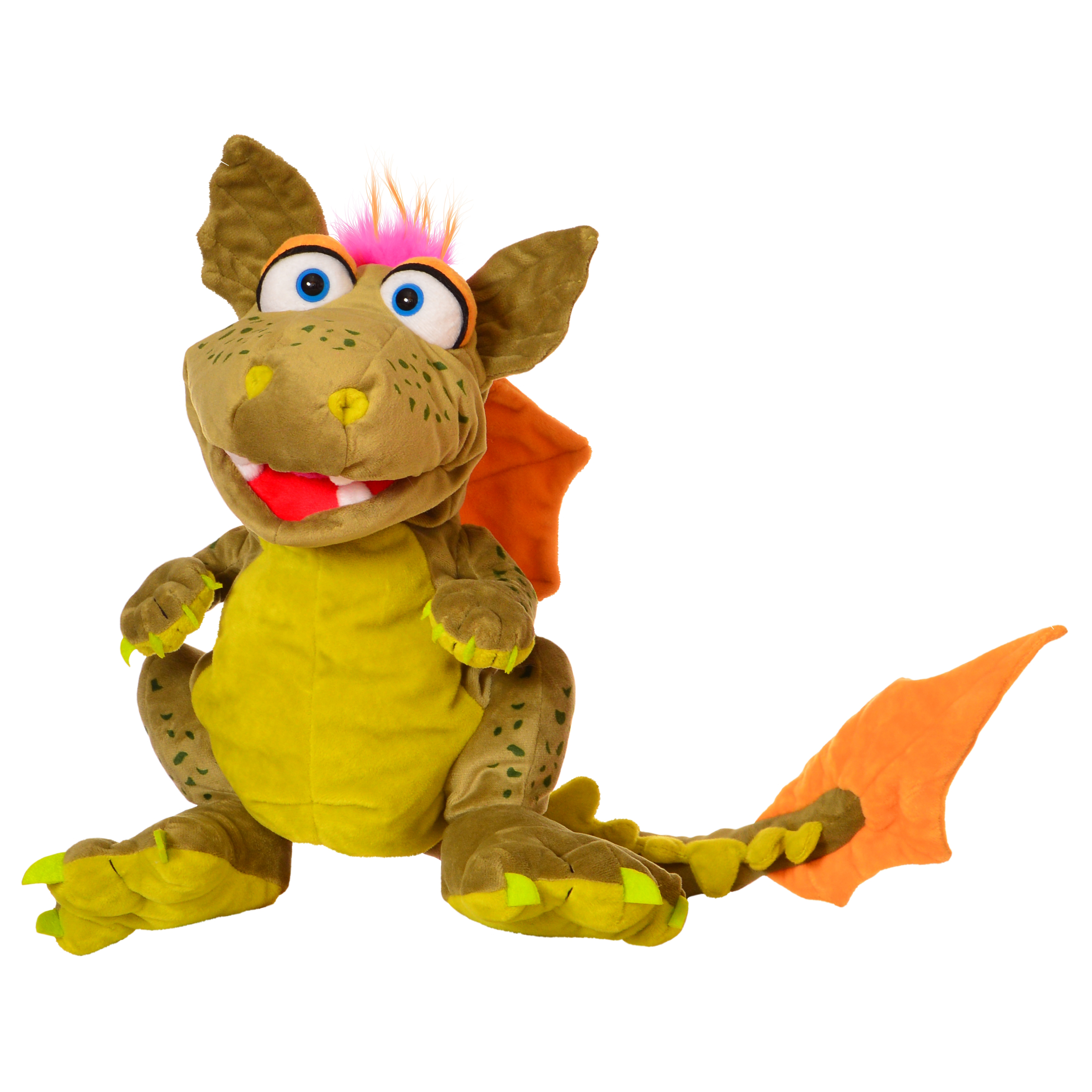 Living Puppets Handpuppe Rocco der Drache mit olivgrünem Fell, pinkem Kamm, orangefarbenen Flügeln und geöffnetem Maul, sitzend in Frontansicht