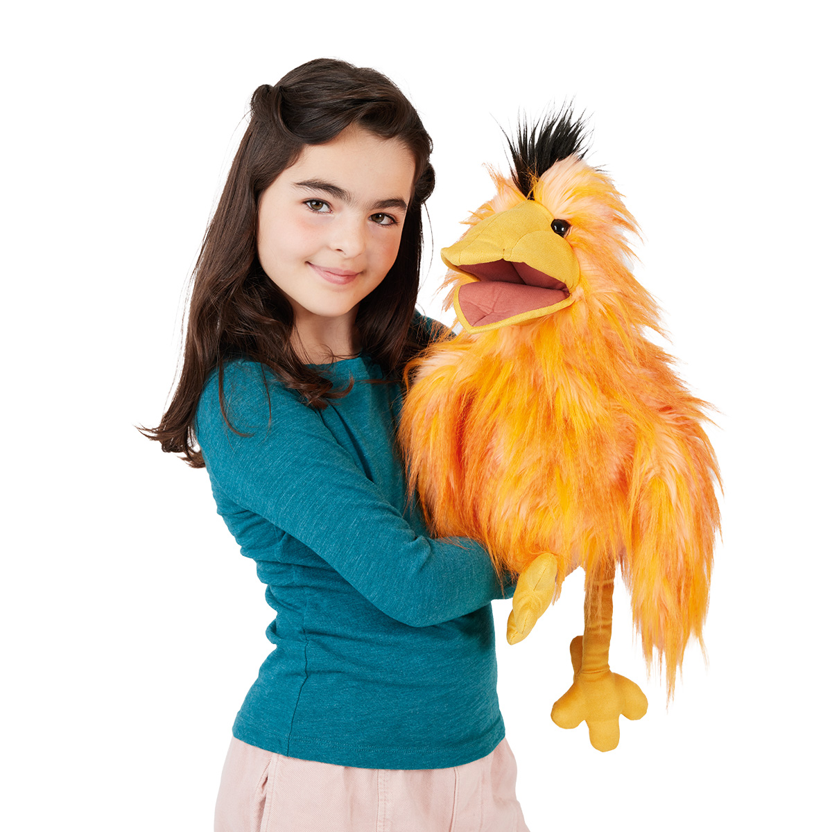 Folkmanis hand puppet silly bird in orange-yellow long-pile plush with black crest and open beak, held by a girl
