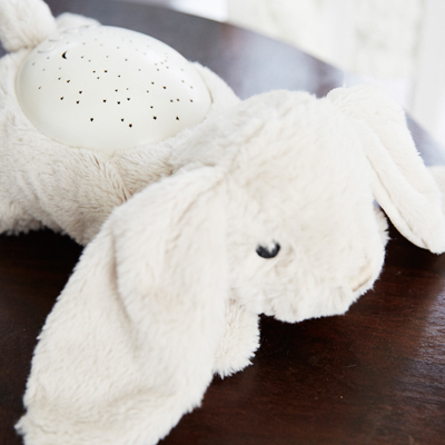 Cloud b sleep aid Twilight Buddies rabbit, close-up of the star projector and the floppy ears