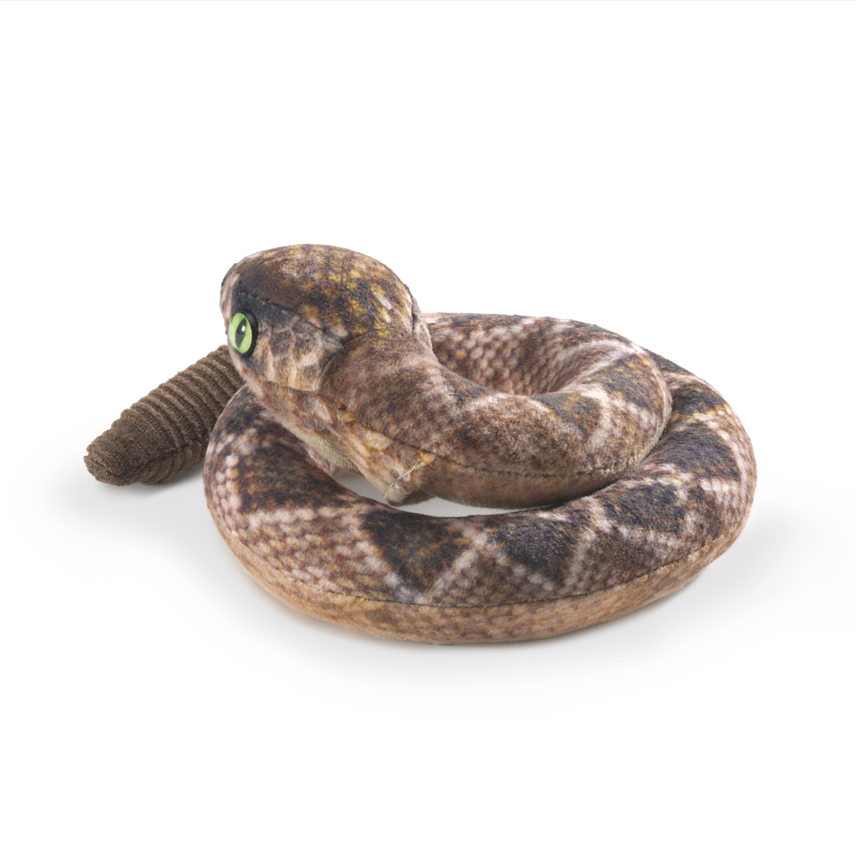 Folkmanis mini finger puppet rattlesnake, coiled with raised head, green eyes and textured rattle on the tail