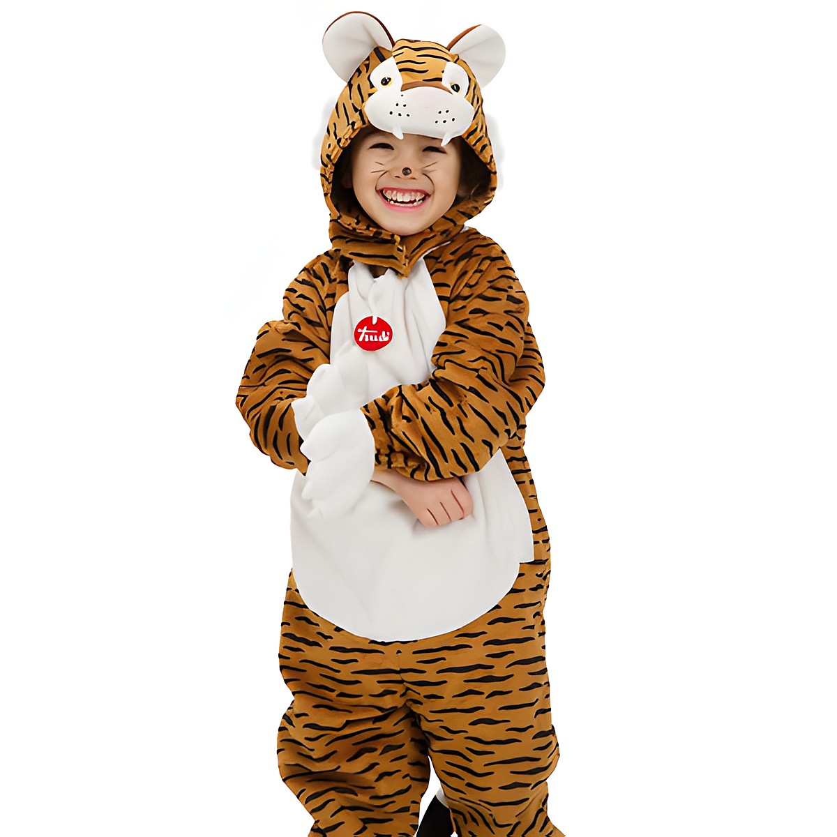 Trudi children's costume tiger, close-up of the hood showing the tiger face, ears and striped fur