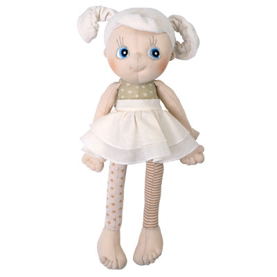 Rubens EcoBuds Puppe Daisy mit hellen Zöpfchen, gepunktetem Top und weißem Tüllrock