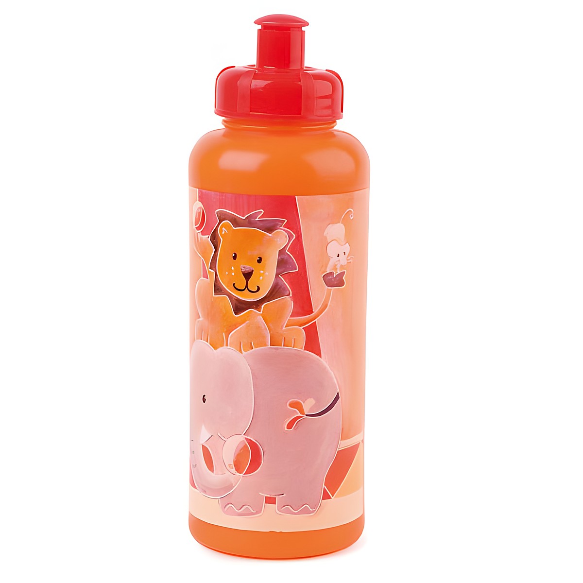 Egmont Toys Trinkflasche Zirkus, orange Flasche mit rotem Trinkverschluss und Motiv von Loewe und Elefant