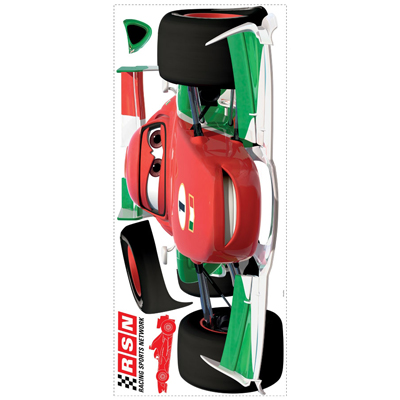 RoomMates wall decal Disney Pixar Cars Francesco Bernoulli, decal sheet with the red and green race car motif and RSN logo on a white background