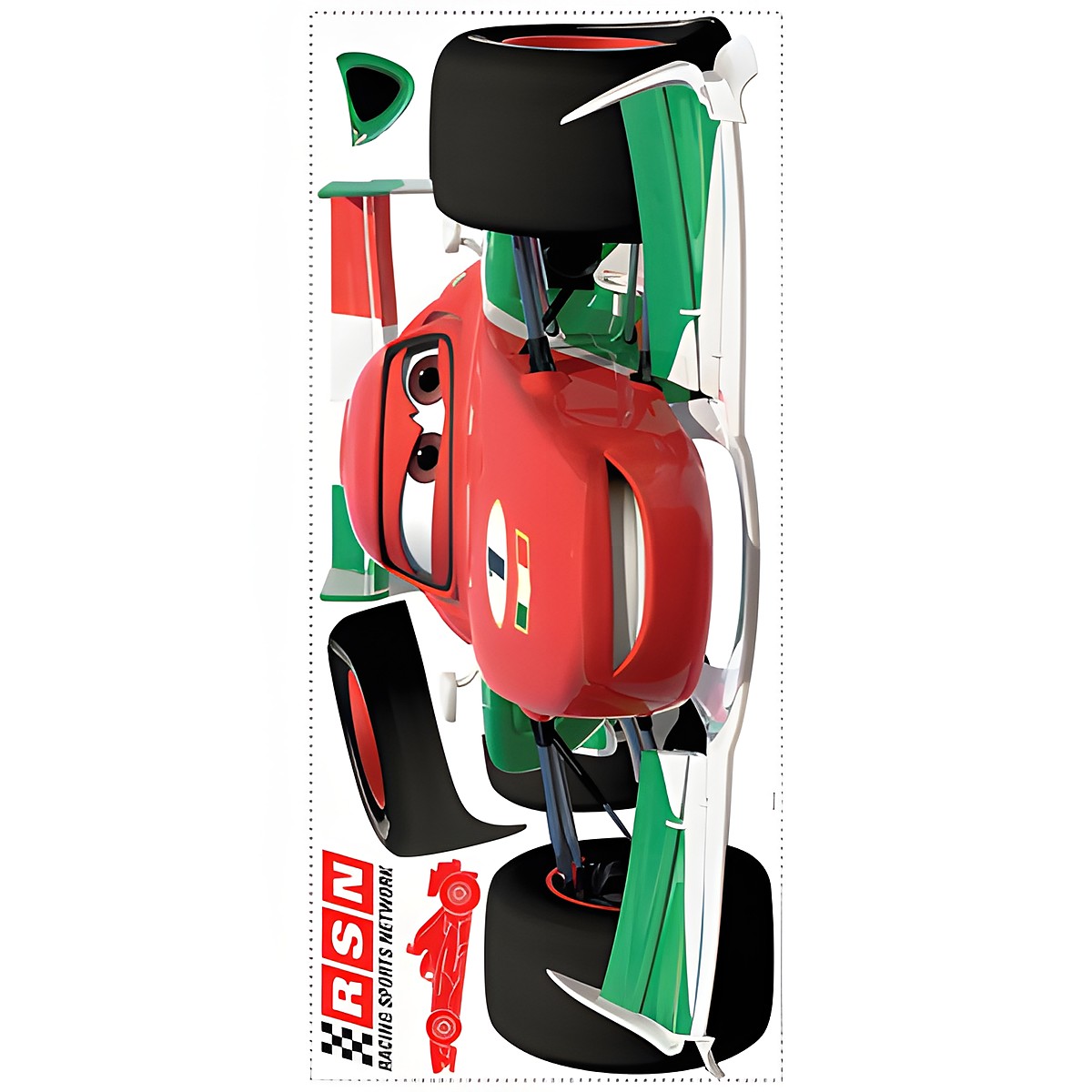 RoomMates wall decal Disney Pixar Cars Francesco Bernoulli, decal sheet with the red and green race car motif and RSN logo on a white background