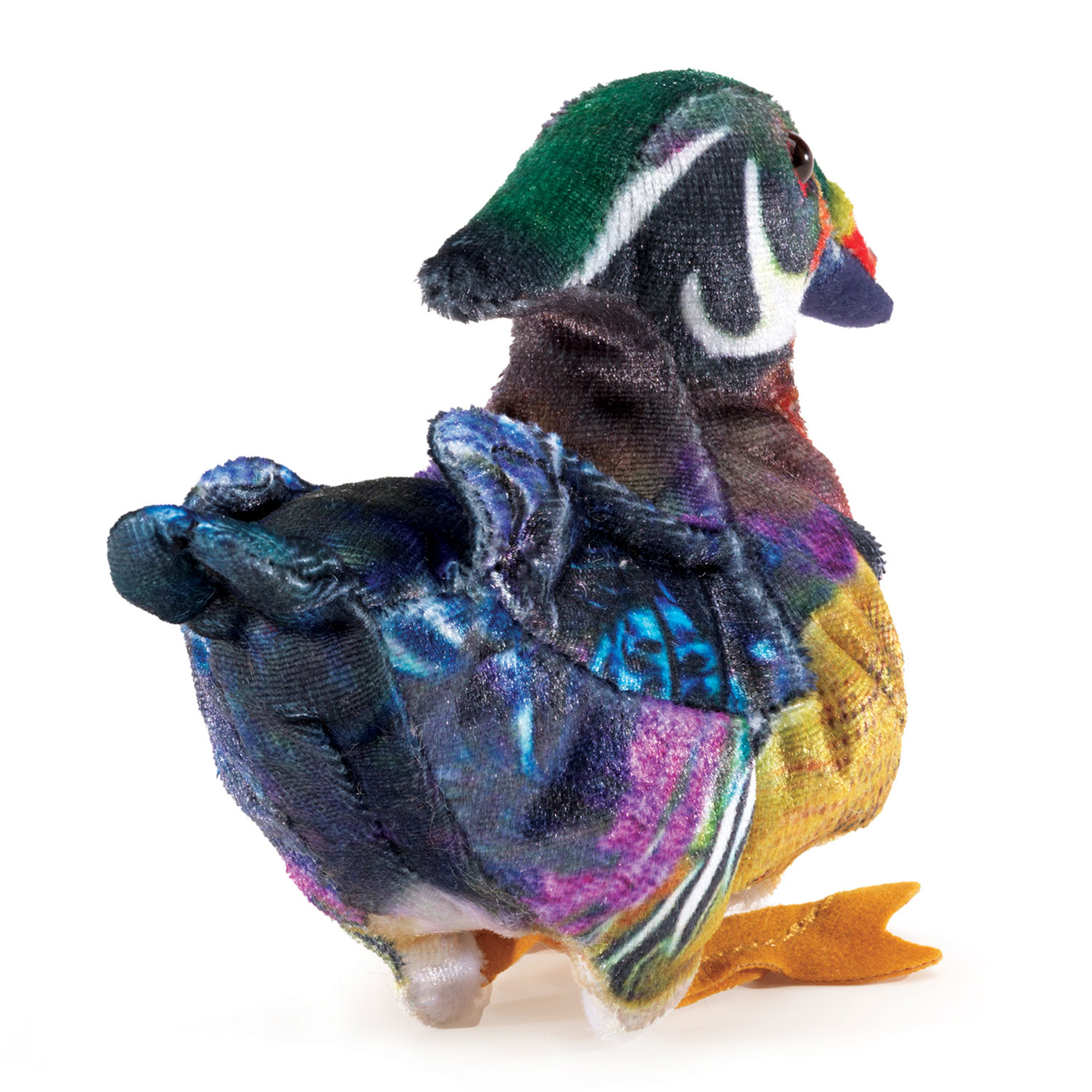 Folkmanis mini wood duck finger puppet with colourful plumage in blue, green, purple and golden yellow, shown at an angle