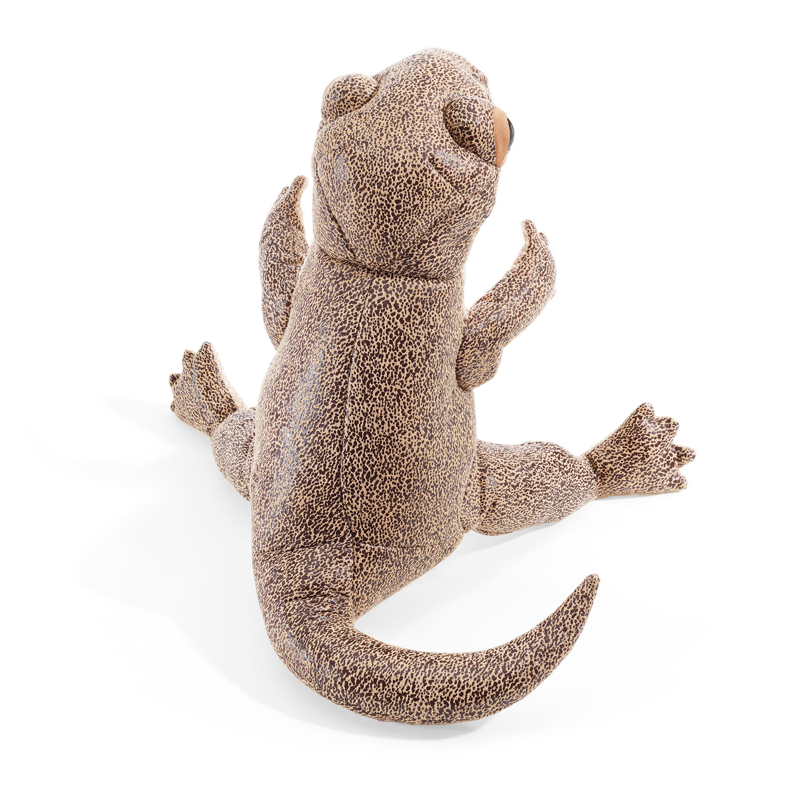 Folkmanis Handpuppe Eidechse mit beige-braunem Fleckenmuster, gespreizten Klauen und geschwungenem Schwanz, Draufsicht