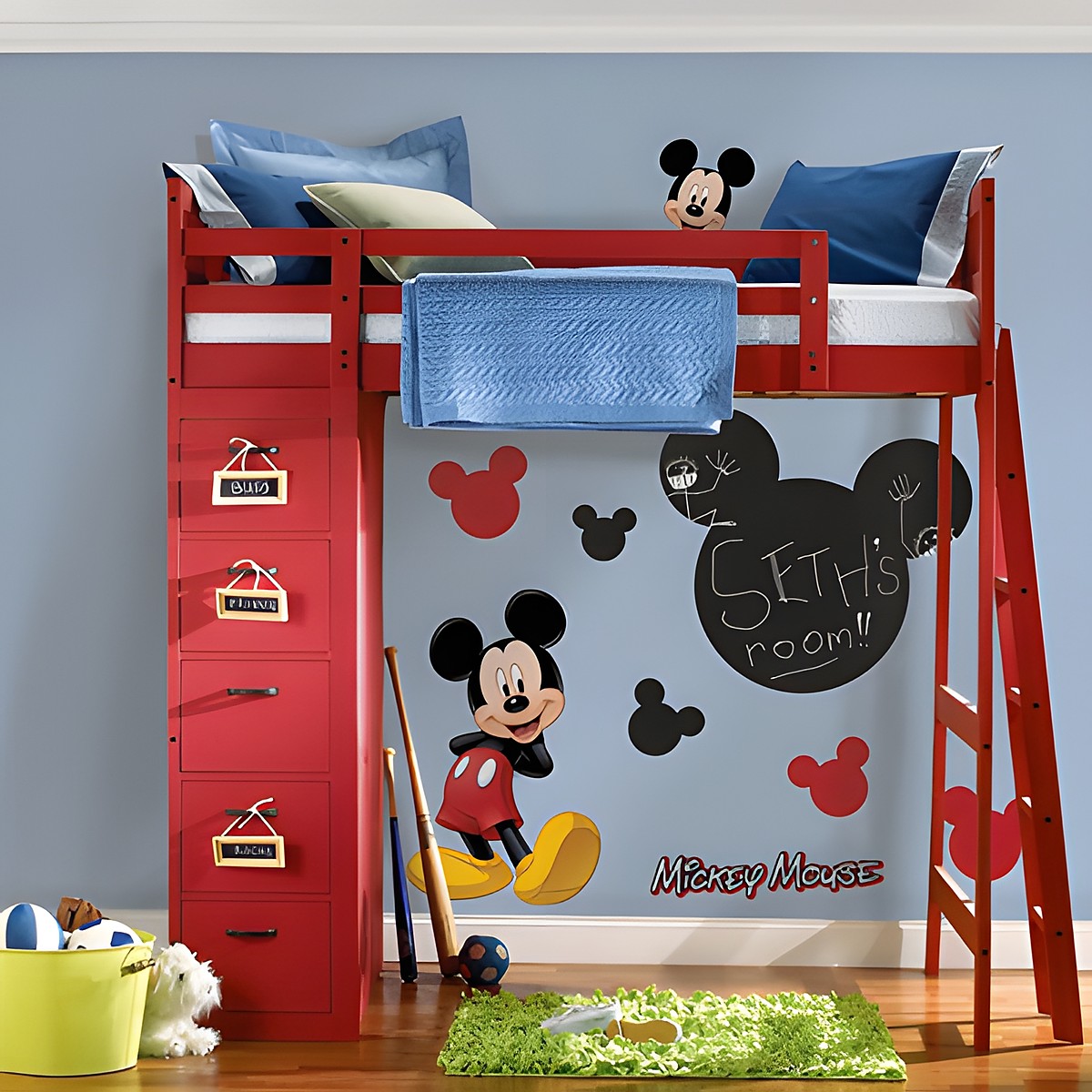 RoomMates writable wall decal Disney Mickey Mouse Chalk, large Mickey silhouette as a chalkboard with "Seth's room" lettering on a blue children's room wall above a loft bed
