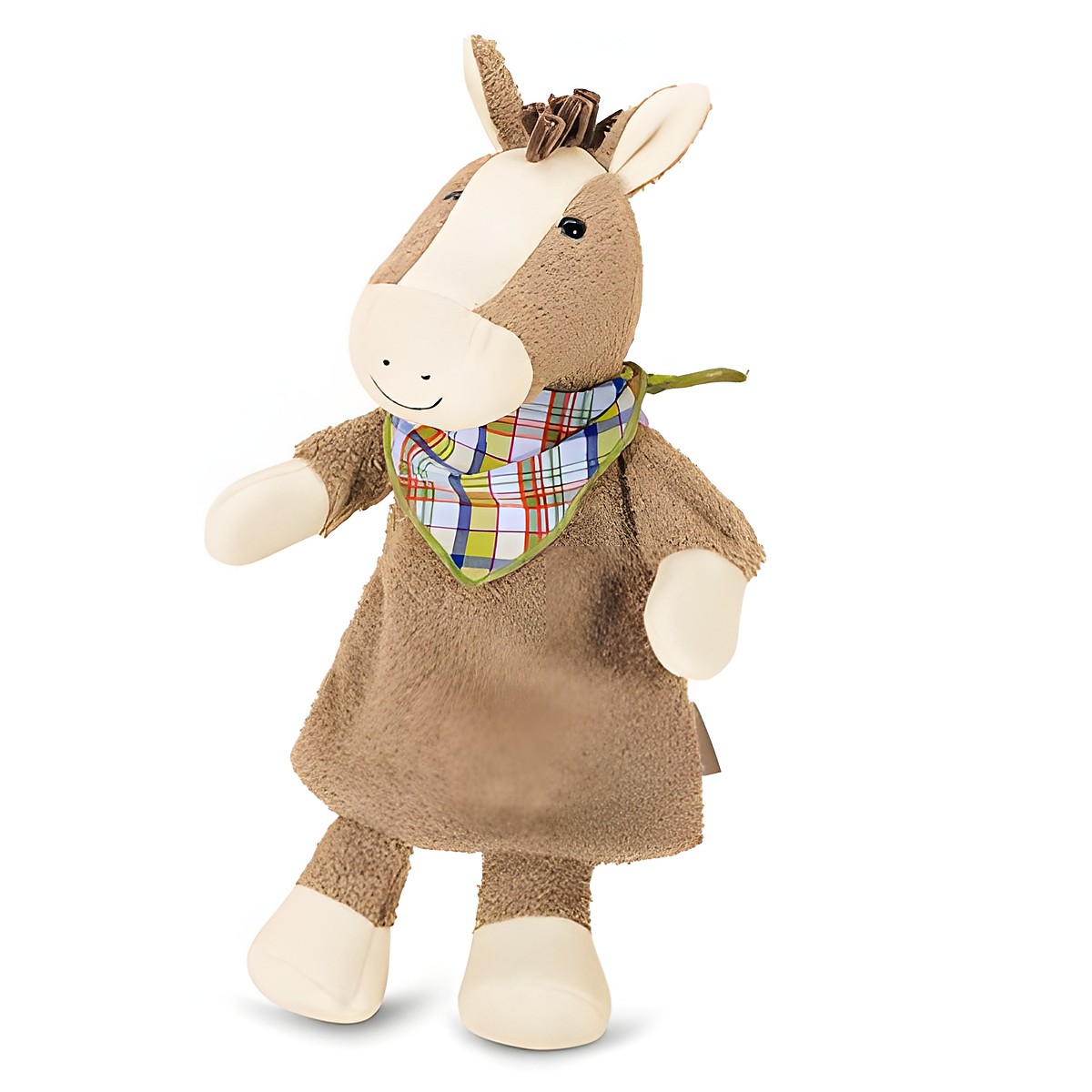 Sterntaler Baby-Handpuppe Pferd, braunes Fell mit cremefarbener Mähne, kariertem Halstuch und Grashalm im Maul