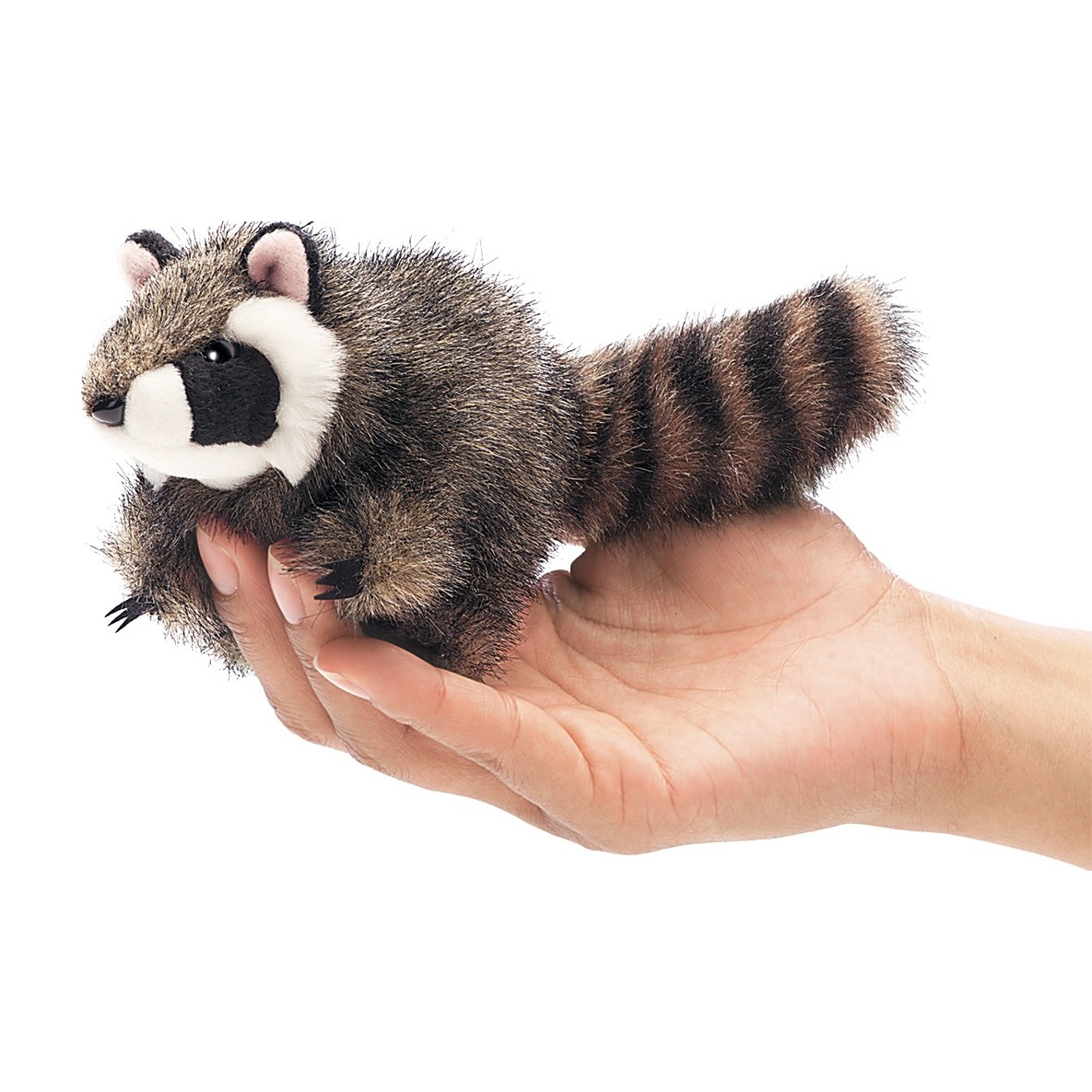 Folkmanis Mini-Fingerpuppe Waschbär mit geringeltem Schwanz, auf einer Hand liegend, Seitenansicht