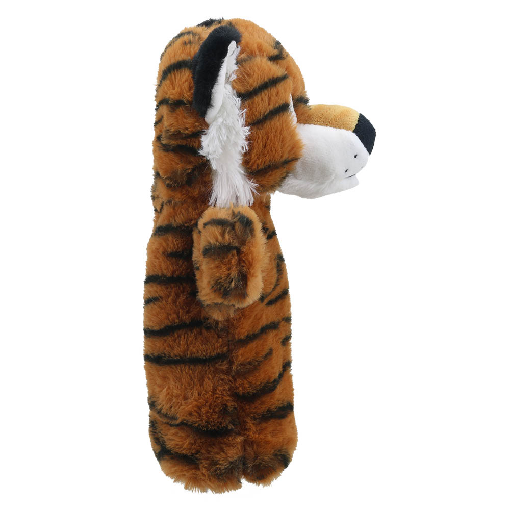 The Puppet Company Baby-Handpuppe Tiger, orangefarbener Tiger mit schwarzen Streifen, Seitenansicht von der anderen Seite