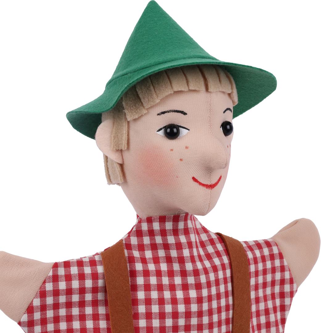 Kasperlepuppe Seppel von munabo, Nahaufnahme des Gesichts mit Sommersprossen und breitem Lächeln.