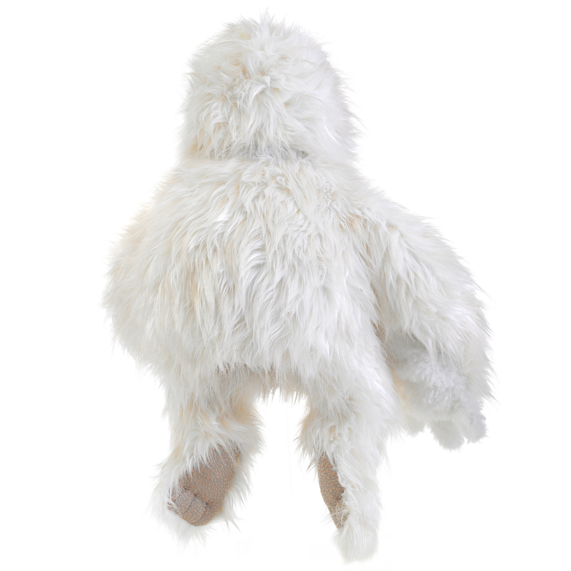 Folkmanis Handpuppe Yeti mit langem weißem Fell und beigen Fußsohlen, Rückansicht
