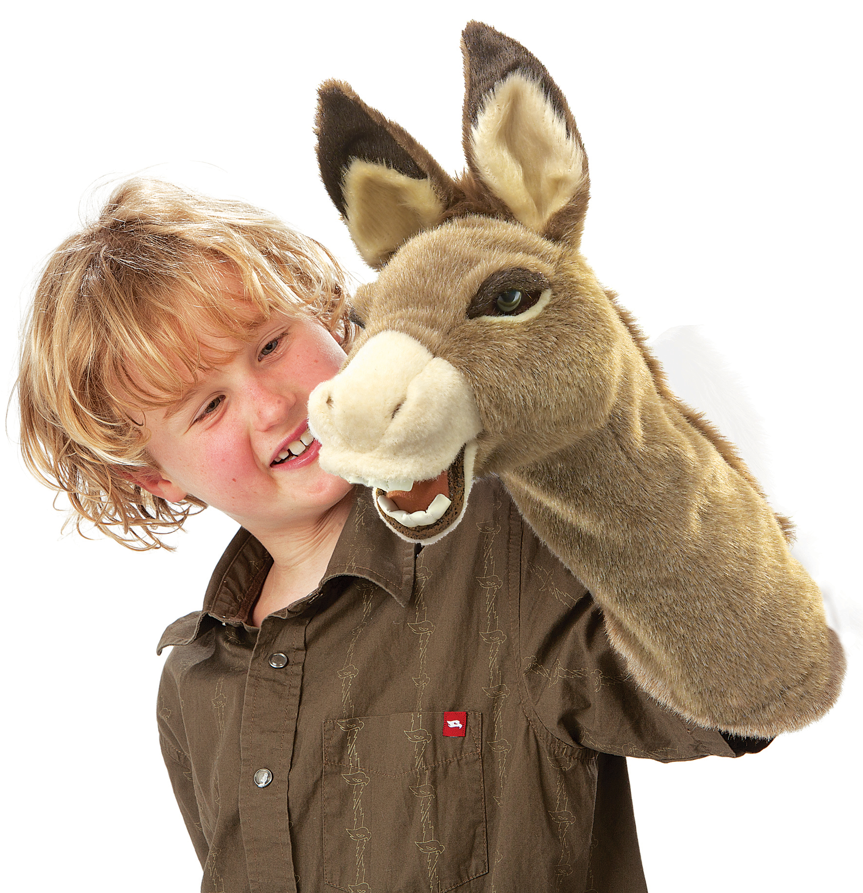 Folkmanis donkey hand puppet with open mouth, played with by a child, side view on a white background