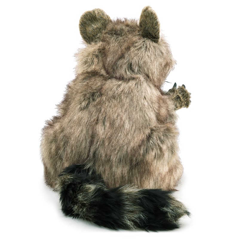 Folkmanis Handpuppe Waschbär von hinten, sitzend, mit grau-braunem Fell und dunklem Ringelschwanz