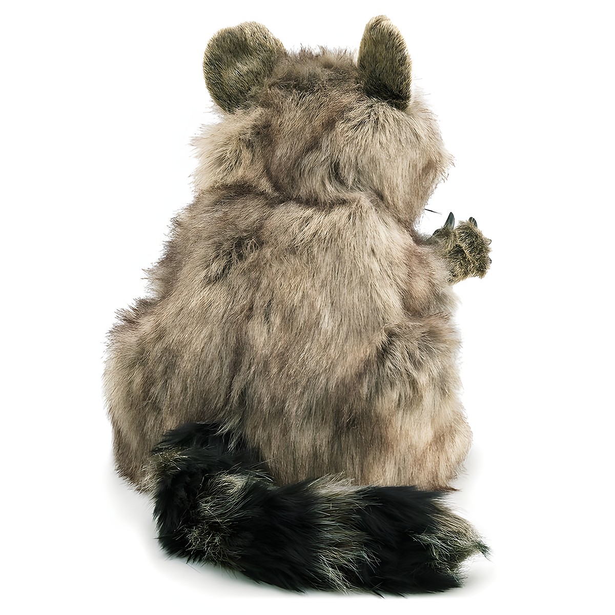 Folkmanis Handpuppe Waschbär von hinten, sitzend, mit grau-braunem Fell und dunklem Ringelschwanz