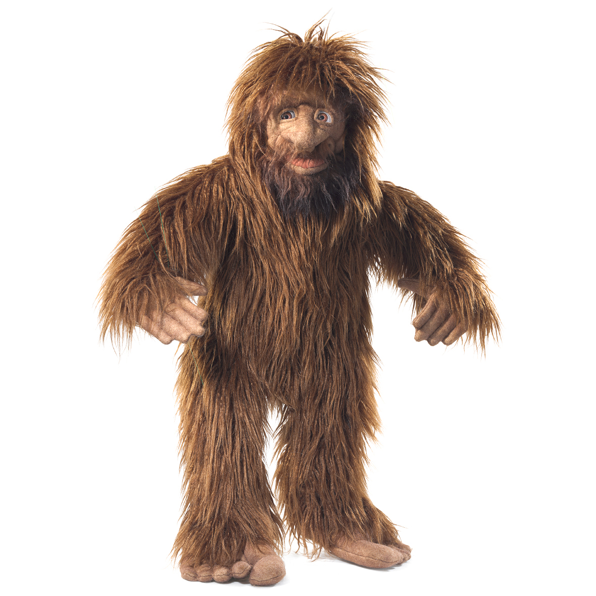 Folkmanis Handpuppe Bigfoot mit zottigem braunem Fell, detailliertem Gesicht und geöffnetem Mund, stehend in Frontalansicht