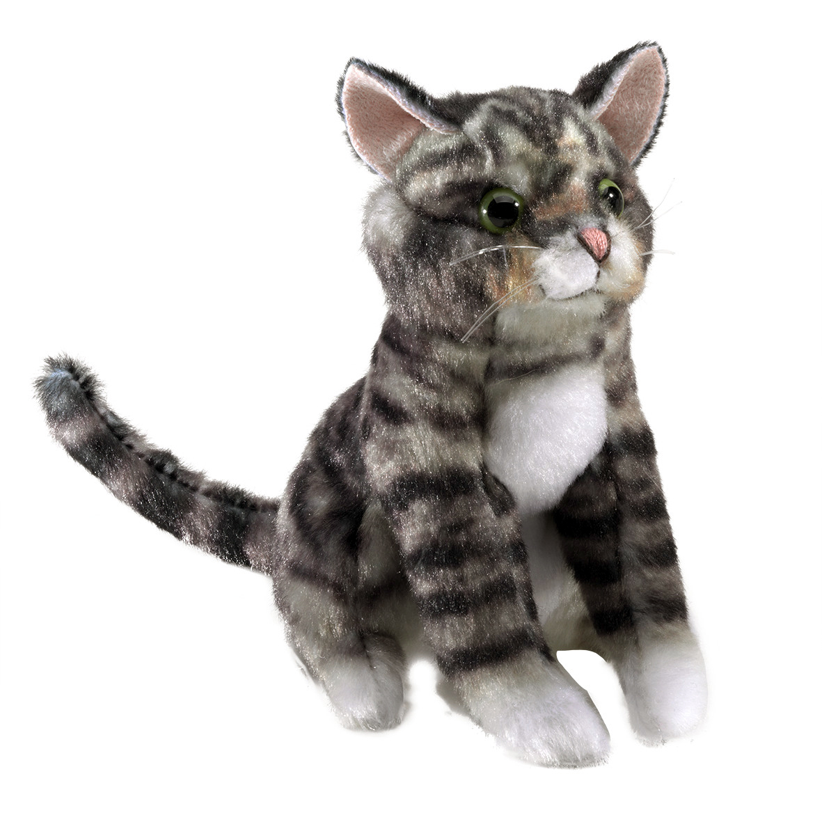Folkmanis mini tabby cat finger puppet with grey-black stripe pattern, green glass eyes and white chest, in a sitting position