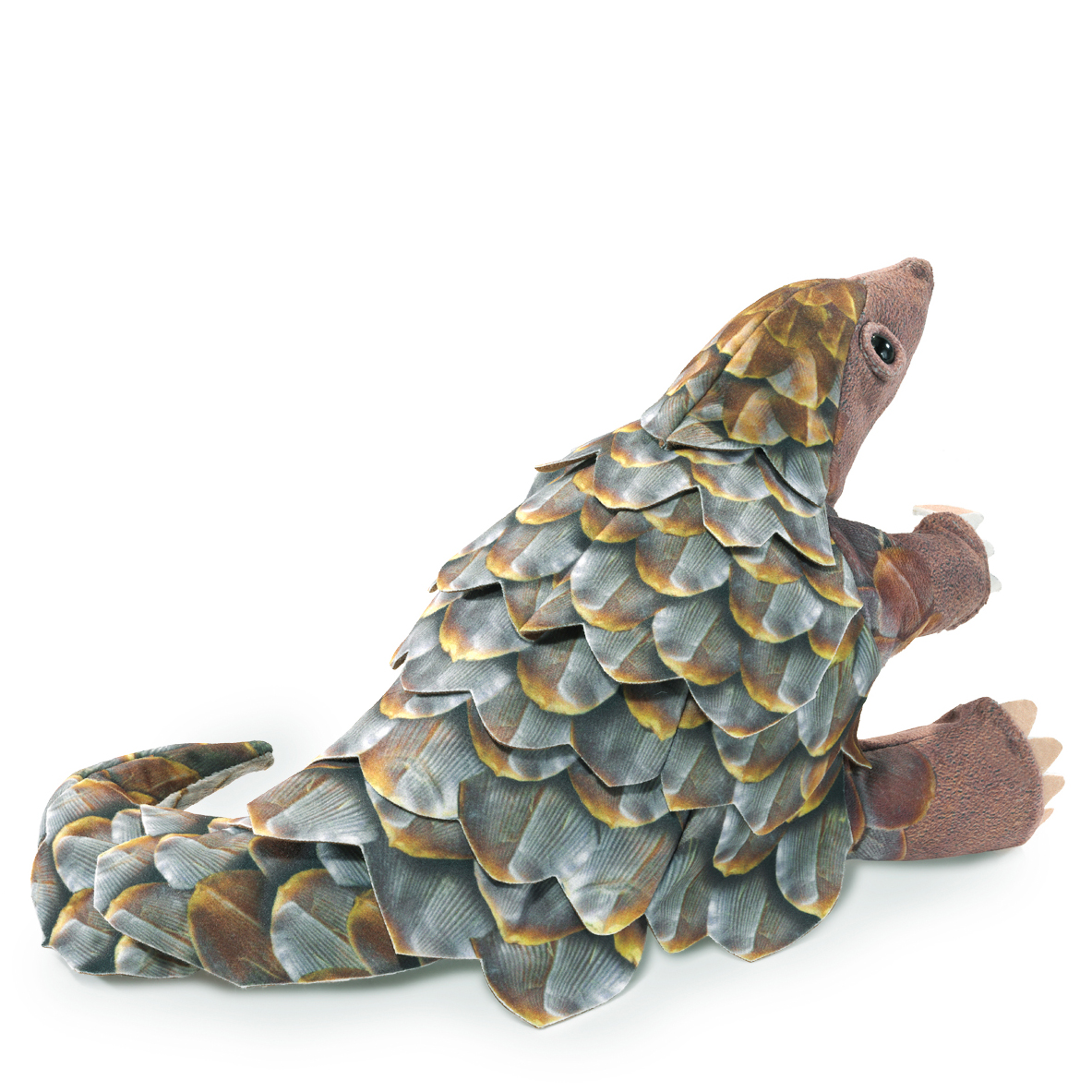 Folkmanis Handpuppe Pangolin mit detailliert gestalteten grau-braunen Schuppen, erhobenem Kopf und Krallen, Seitenansicht