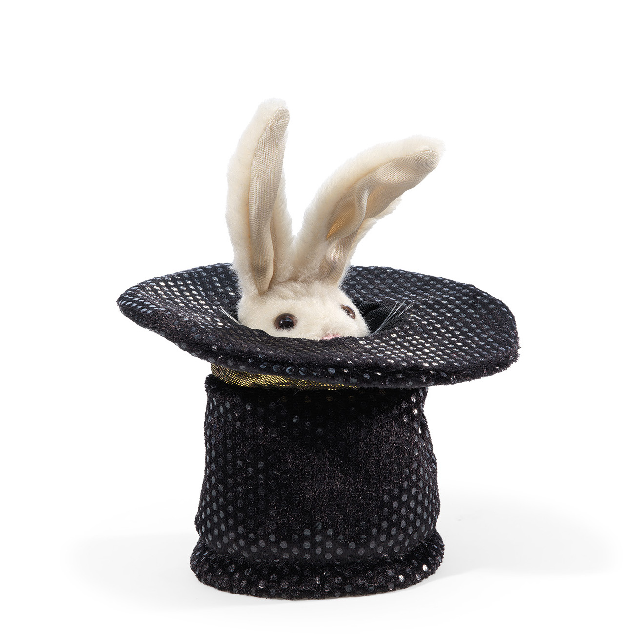Folkmanis mini magic hat finger puppet: white plush rabbit peeking out of a black sequin top hat