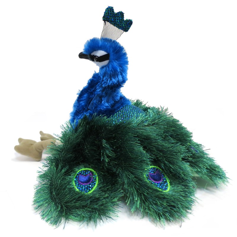 Folkmanis Handpuppe kleiner Pfau mit blauem Gefieder, grünem Schwanz mit Augenfedern und Federkrone, Schrägansicht
