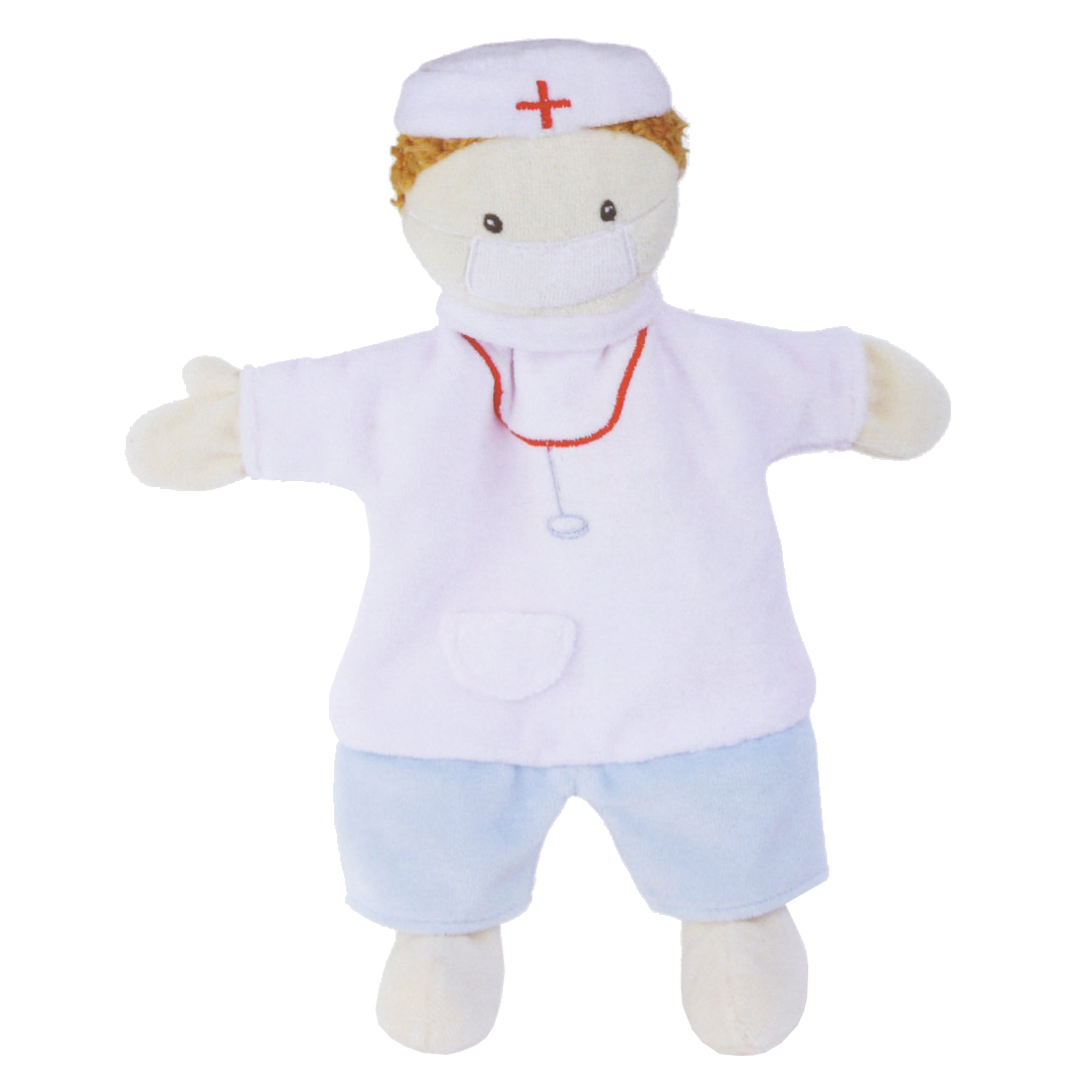 Egmont Toys hand puppet doctor, white coat with stethoscope, white cap with red cross and light blue trousers