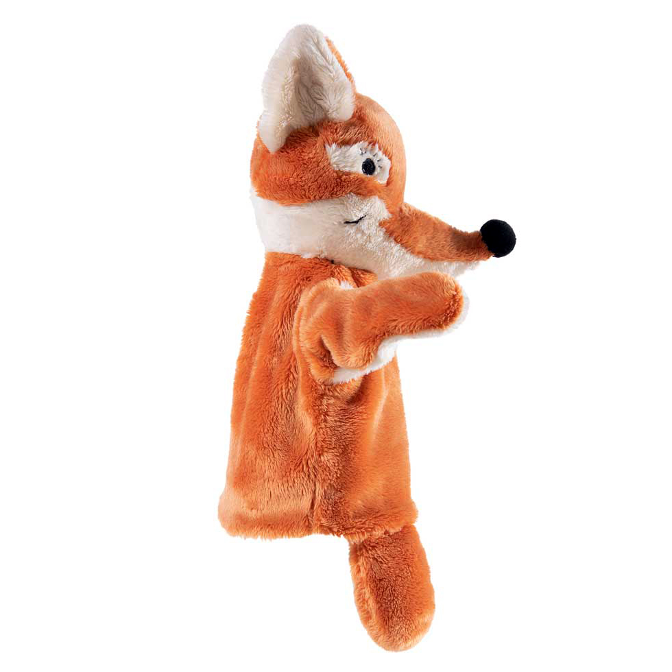 Heunec Handpuppe Herr Fuchs, orangefarbene Plueschpuppe im Profil mit schwarzer Nase