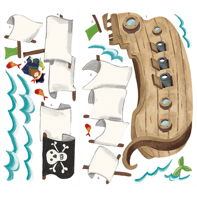 RoomMates wall decal Pirate Ship, decal sheet with sails, skull flag and captain motif on a white background