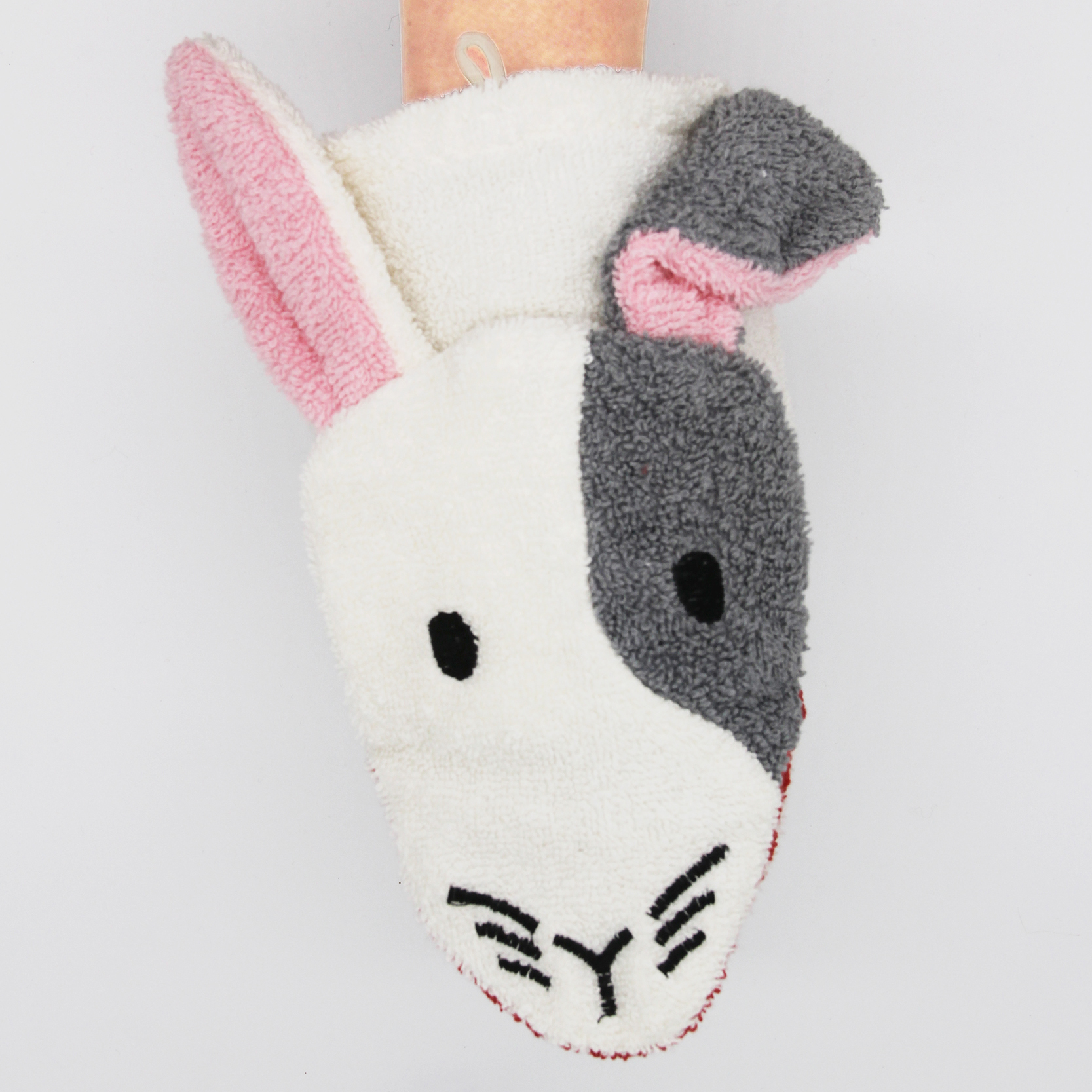 Fürnis organic washcloth rabbit Henry worn as mitt on arm, front view with pink and grey ear