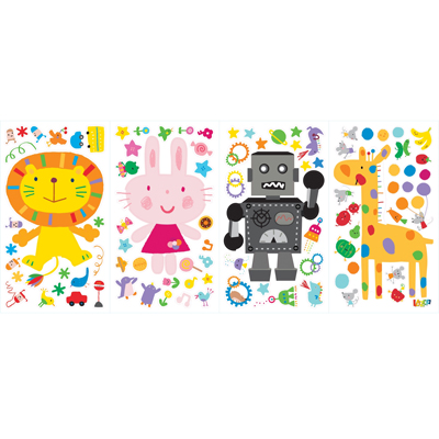 RoomMates wall decal Lazoo, four decal sheets with lion, rabbit, robot and giraffe motifs on a white background